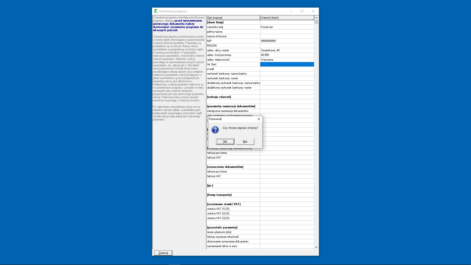 Ustawienia programu - zatwierdzenie zmian