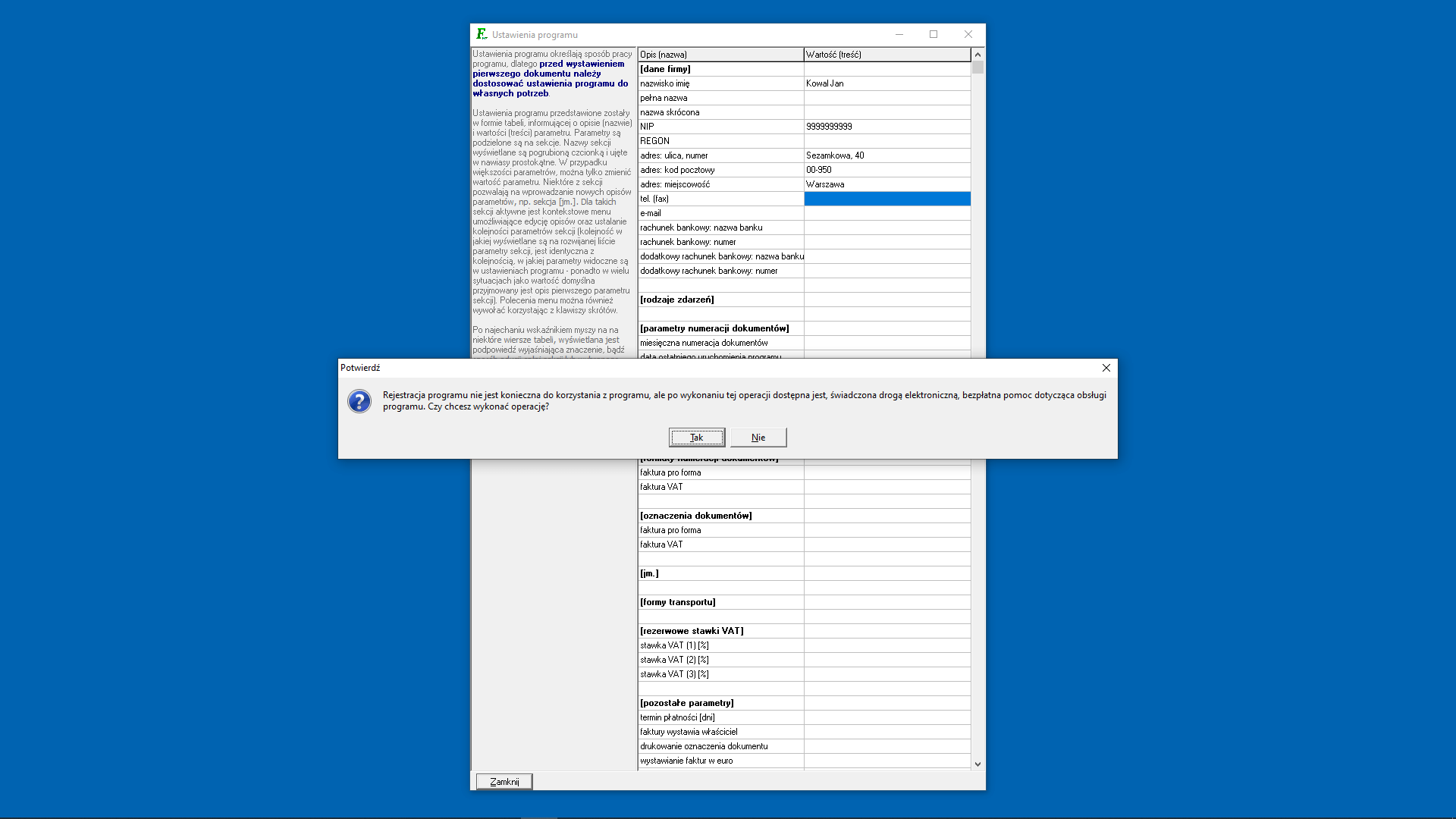 Ustawienia programu - rejestracja