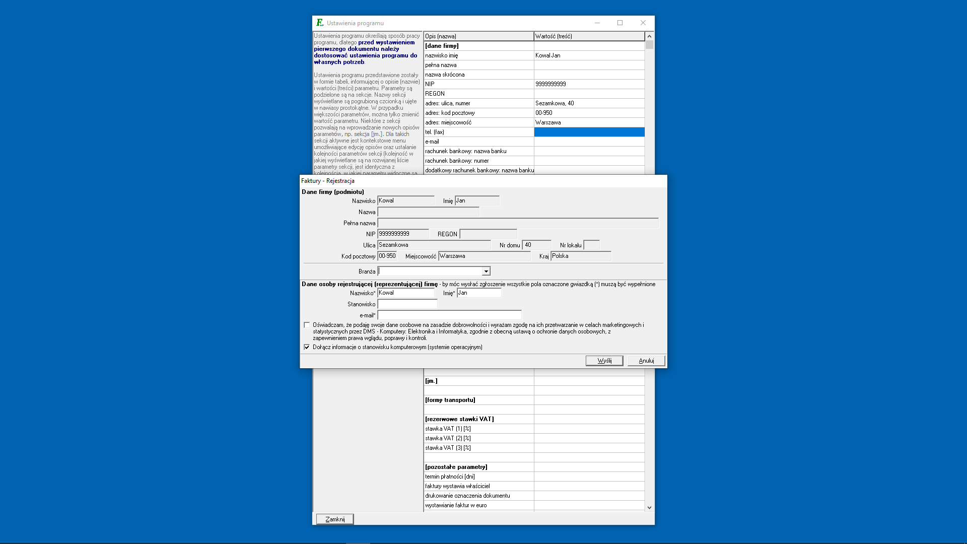 Ustawienia programu - formularz rejestracyjny