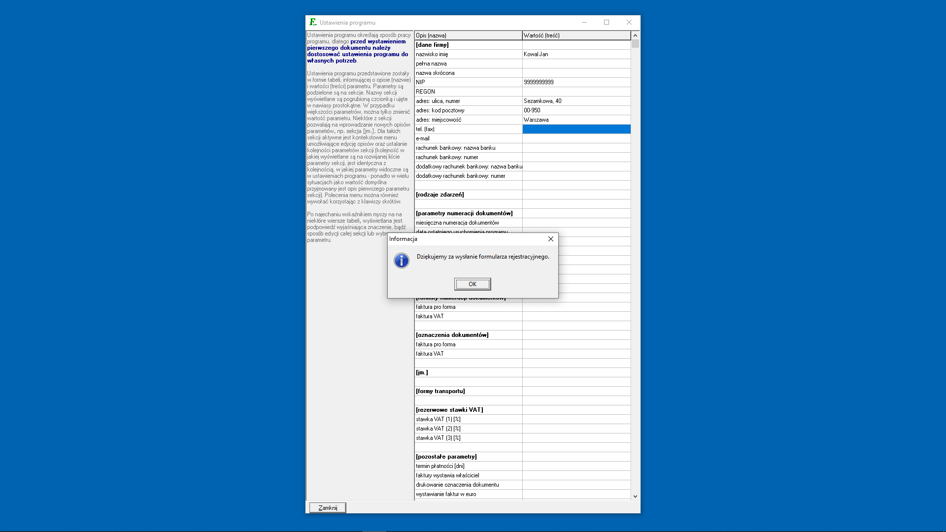 Ustawienia programu - potwierdzenie wysłania formularza rejestracyjnego