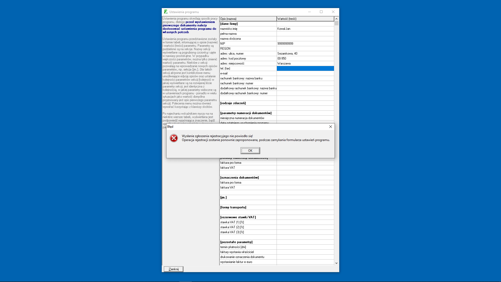 Ustawienia programu - informacja o nieudanej operacji wysłania formularza rejestracyjnego