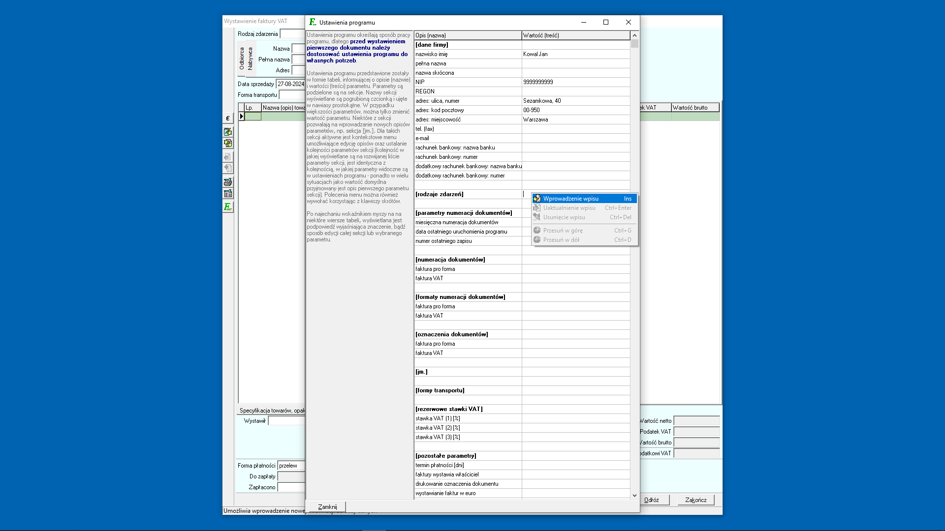 Ustawienia programu - menu kontekstowe dla sekcji