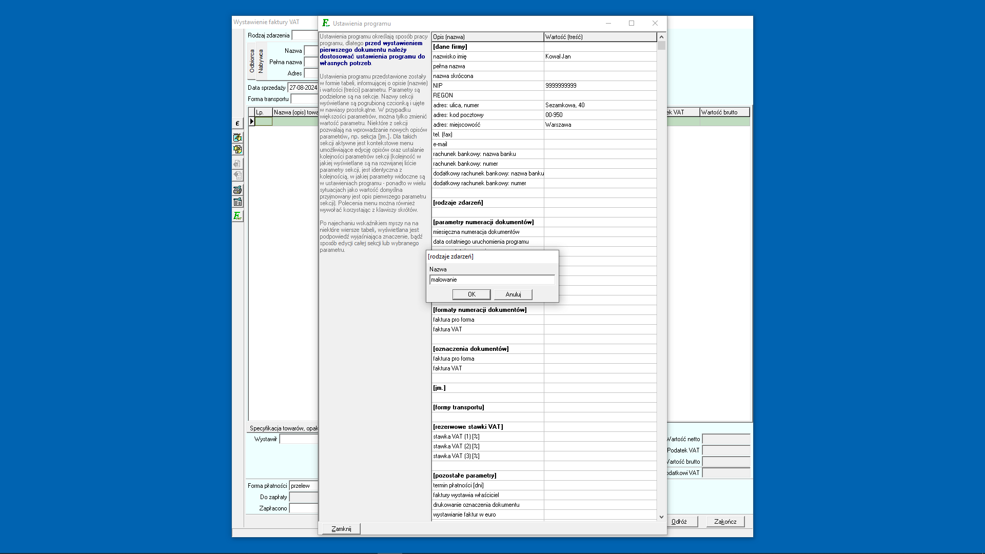 Ustawienia programu - dodanie parametru do sekcji rodzajów zdarzeń