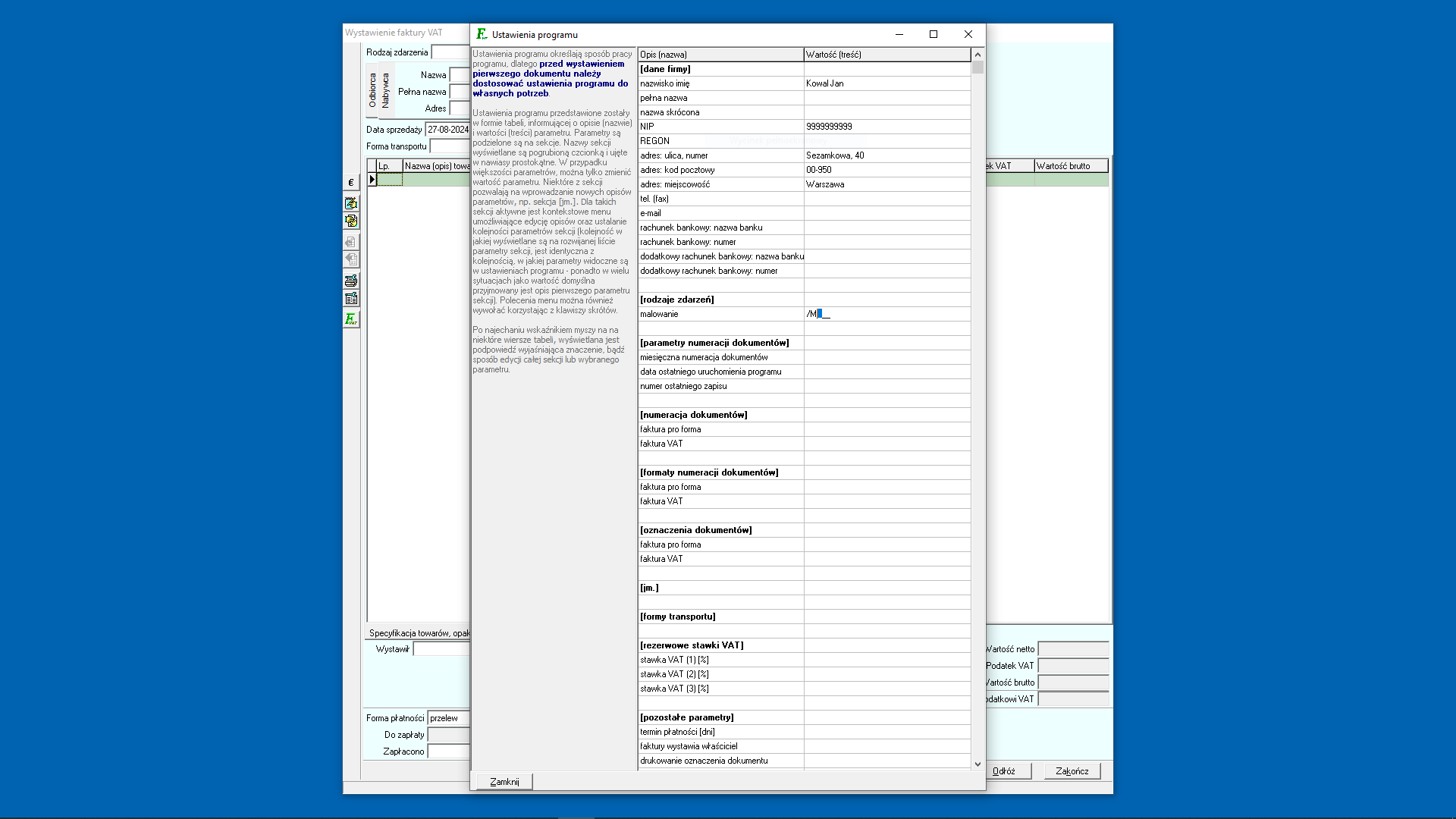 Ustawienia programu - ustawienie wartości parametru z sekcji rodzajów zdarzeń