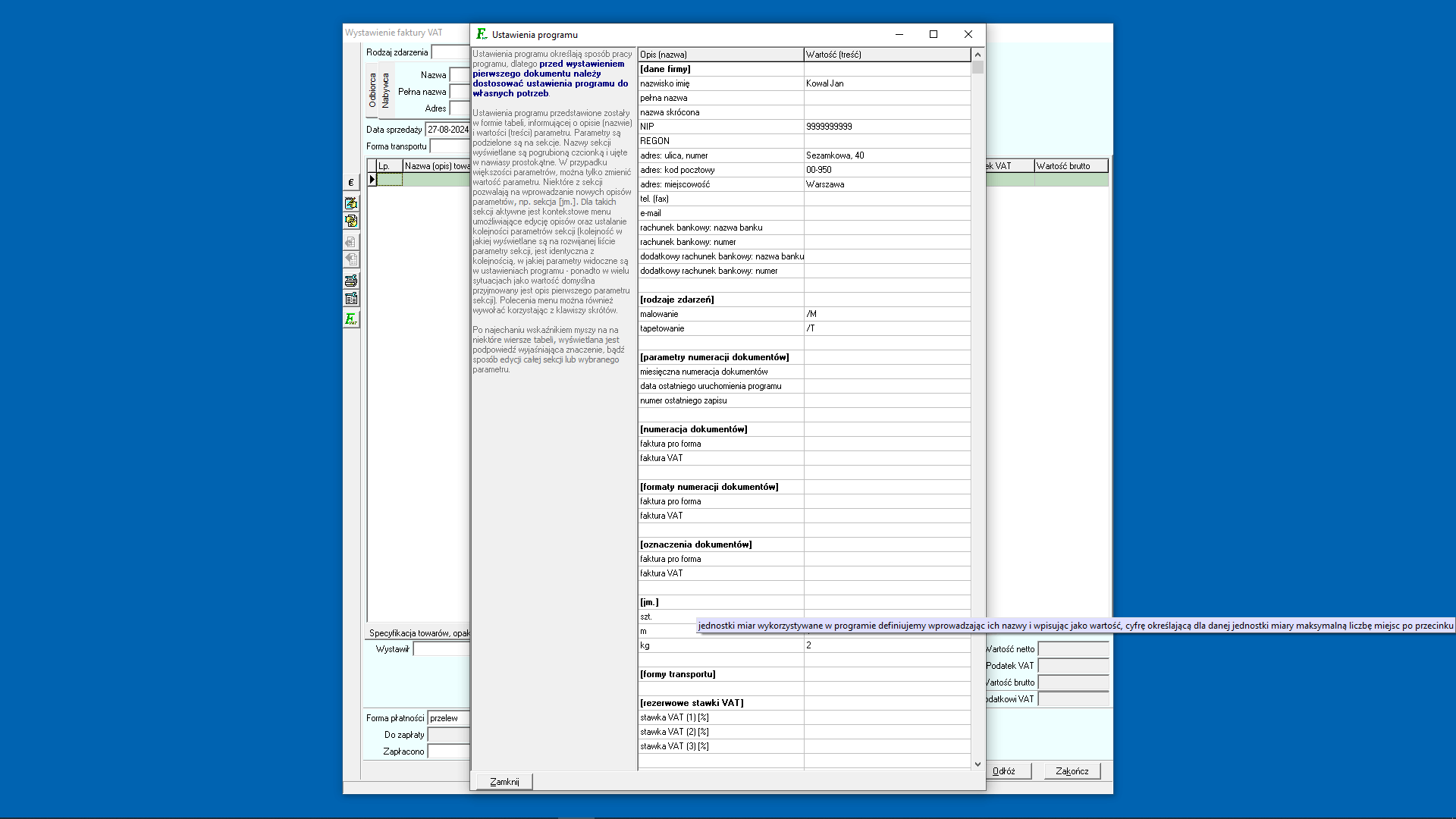 Ustawienia programu - podpowiedź dla sekcji jednostek miar