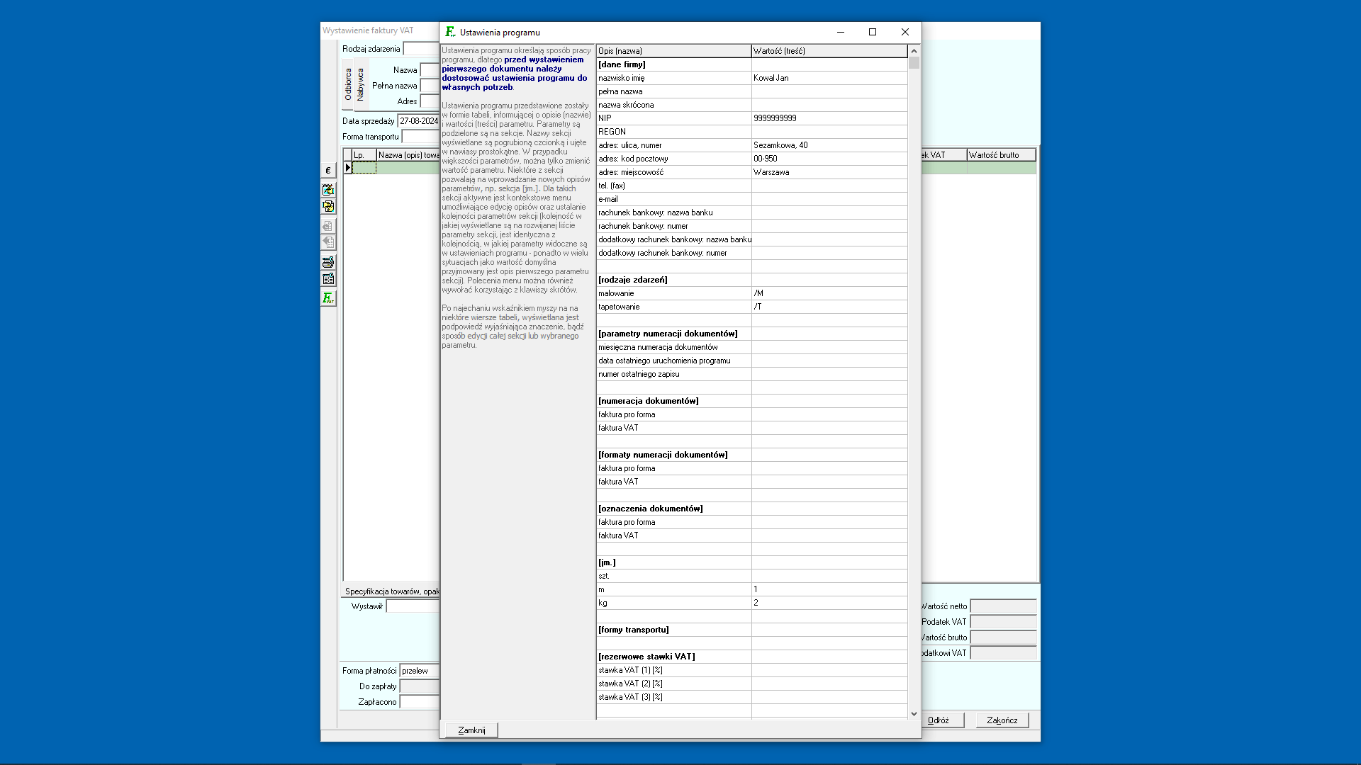 Ustawienia programu - sekcja jednostek miar po aktualizacji