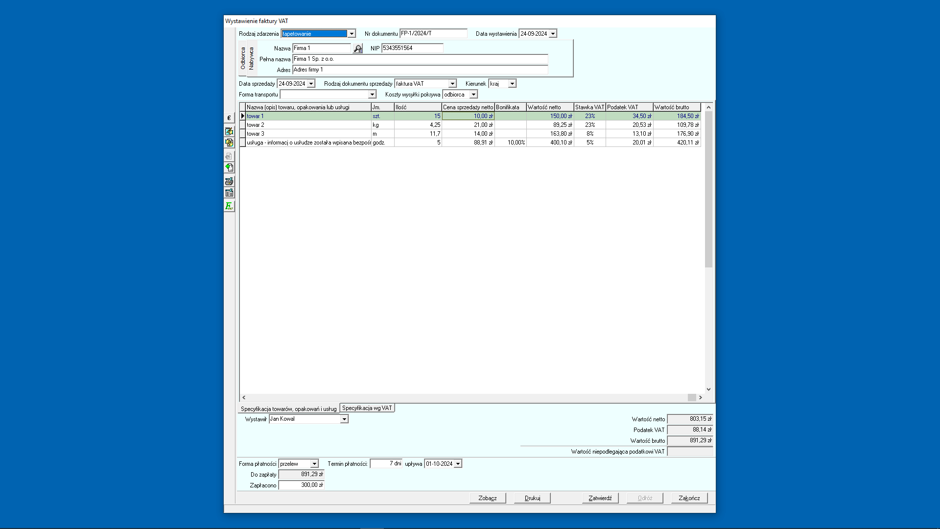 Wystawianie dokumentu sprzedaży - faktura pro forma