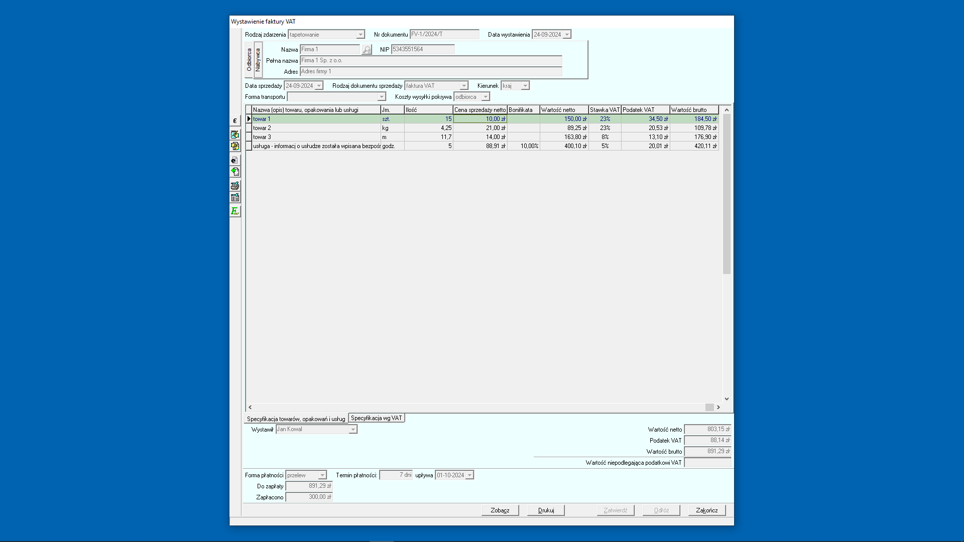 Wystawianie dokumentu sprzedaży - faktura VAT