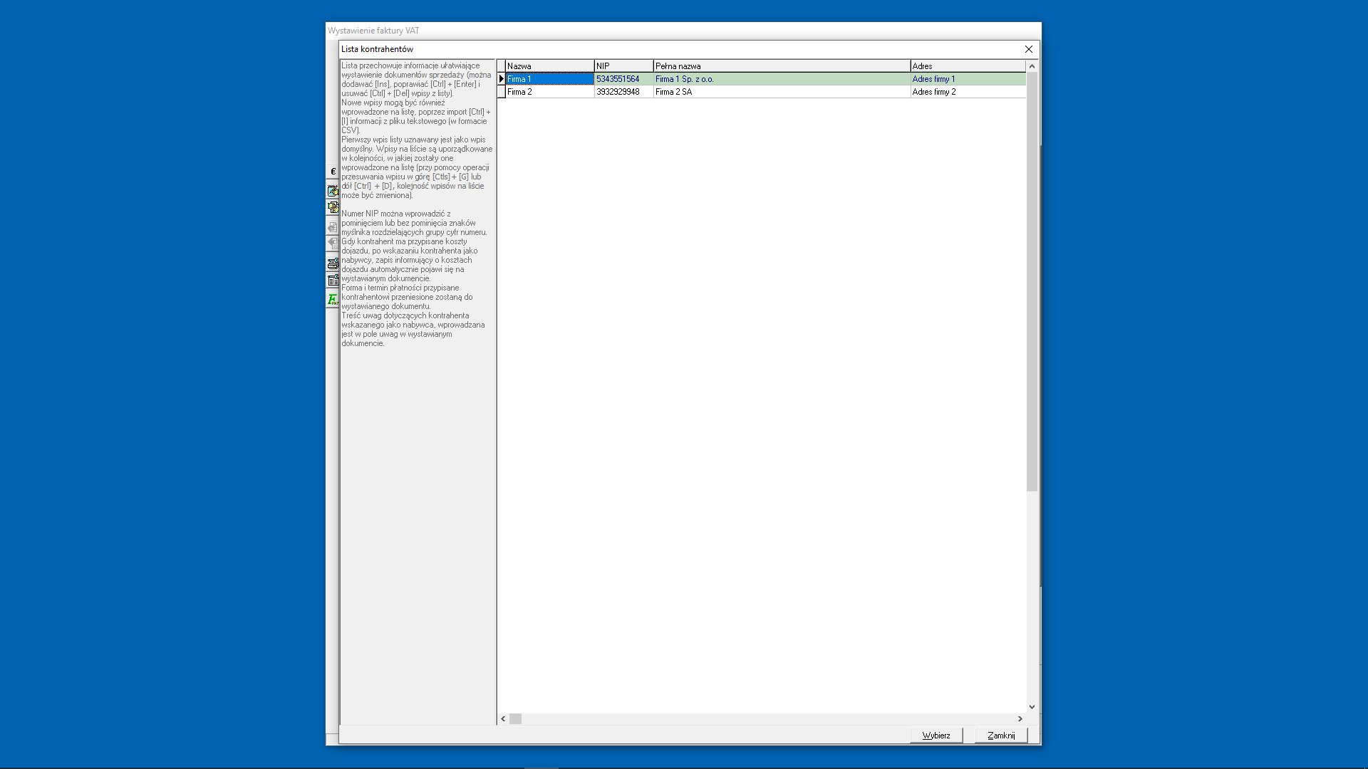 Wystawianie dokumentu sprzedaży - lista kontrahentów