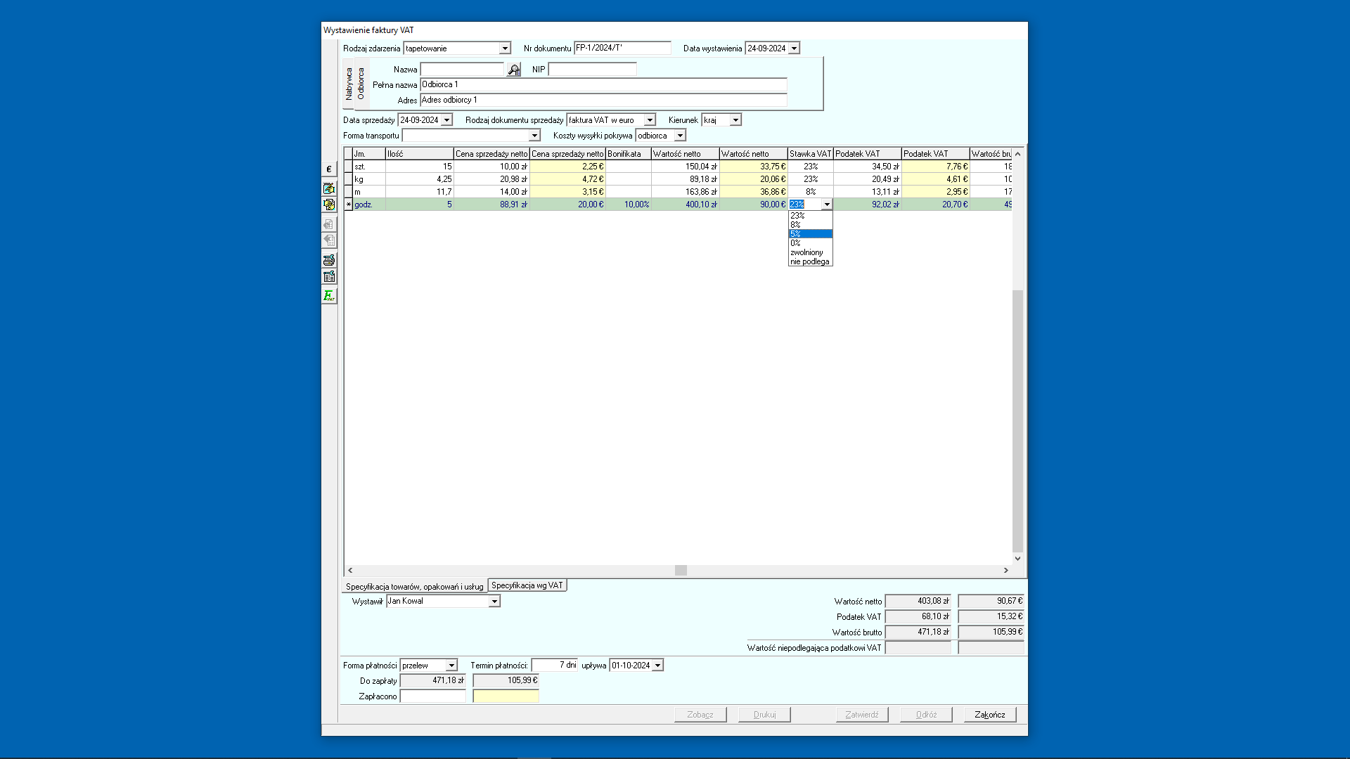 Wystawianie dokumentu sprzedaży - stawka VAT