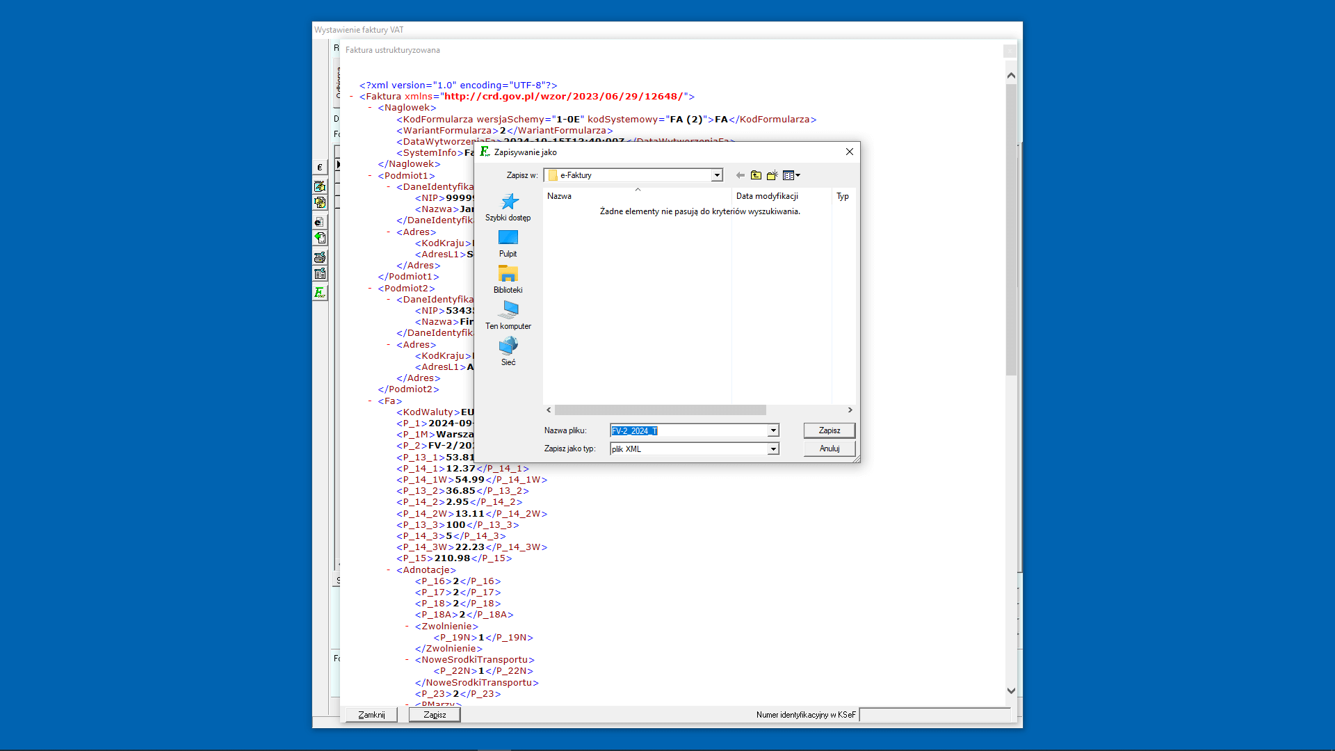 Wystawianie e-faktury - zapisanie pliku XML