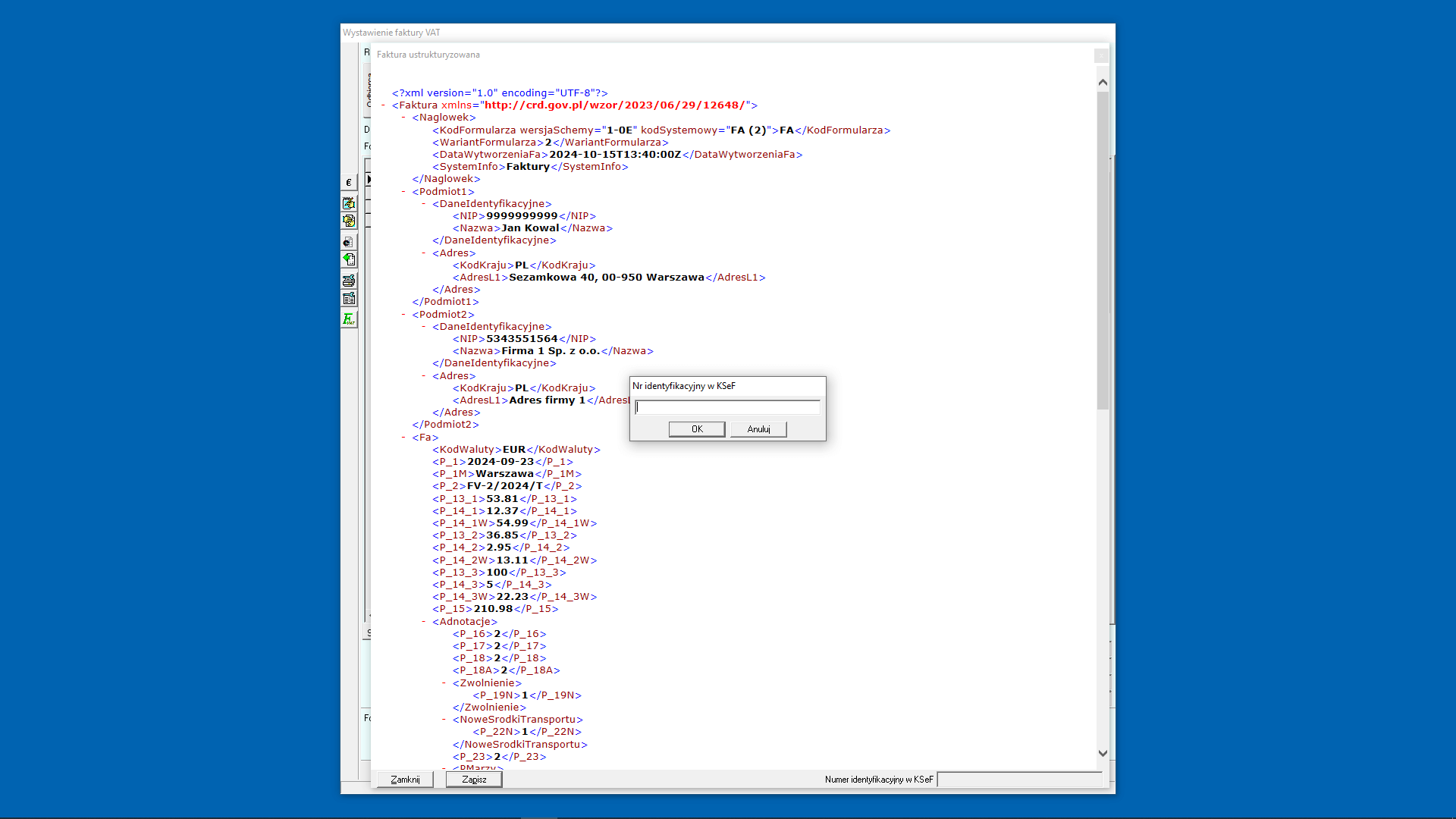 Wystawianie e-faktury - wprowadzenie numeru identyfikacyjnego w KSeF