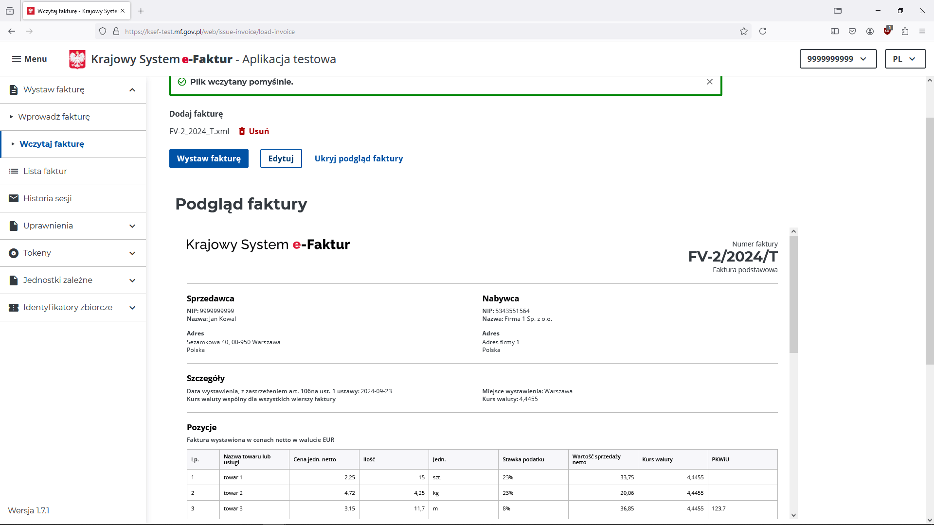 Wystawianie e-faktury - KSeF - podgląd faktury